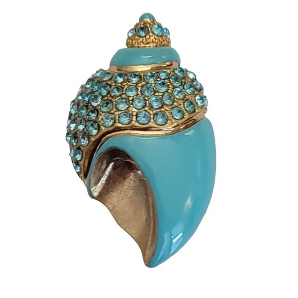LC Liz Claiborne Teal, Robins Egg Enamel Seashell Blue Rhinestone Brooch, M732 - Picture 9 of 9